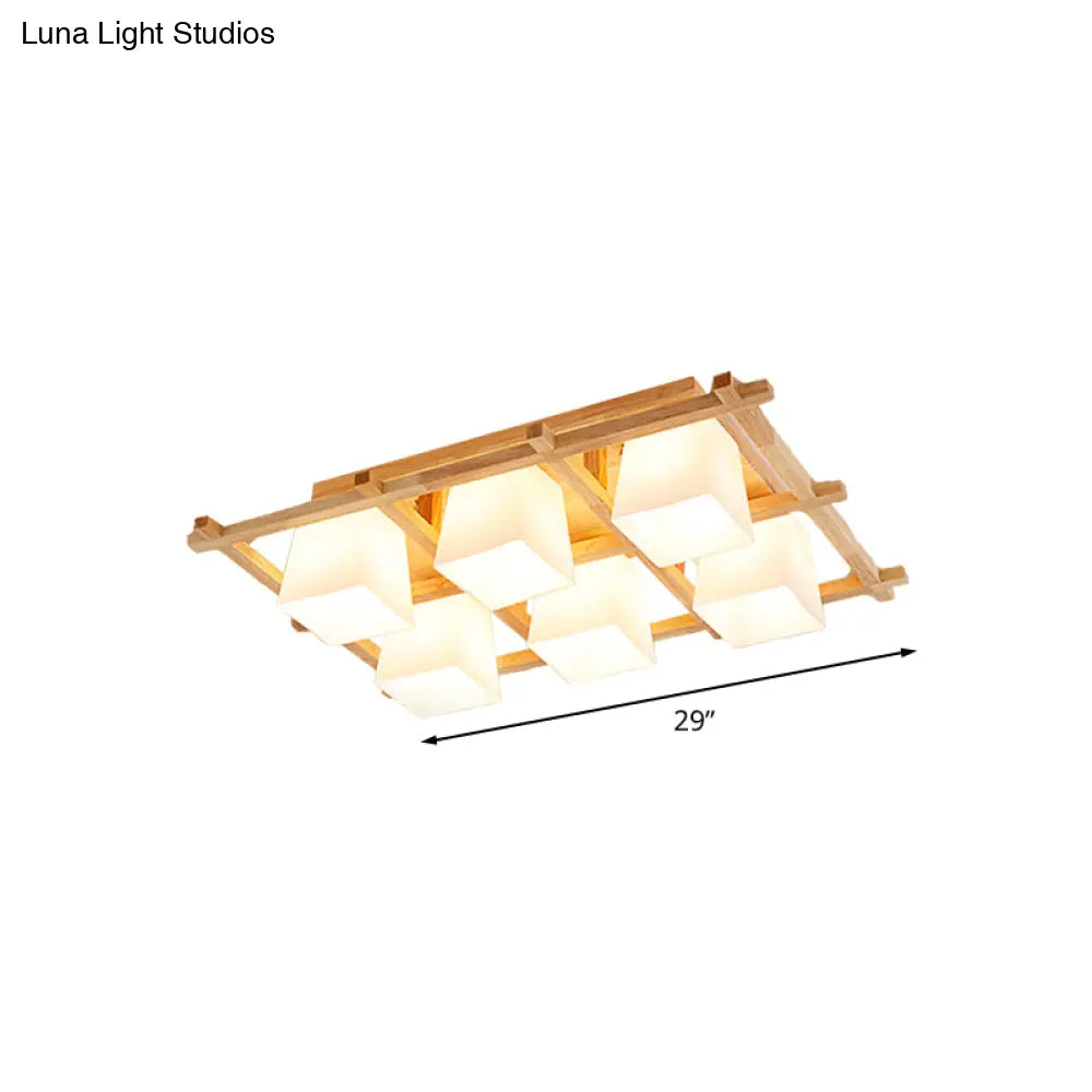 Japanese Style Wooden Checkerboard Flush Mount Ceiling Light In Beige For Study Room