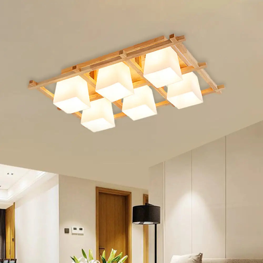 Japanese Style Wooden Checkerboard Flush Mount Ceiling Light In Beige For Study Room 6 / Wood