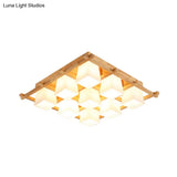 Japanese Style Wooden Checkerboard Flush Mount Ceiling Light In Beige For Study Room