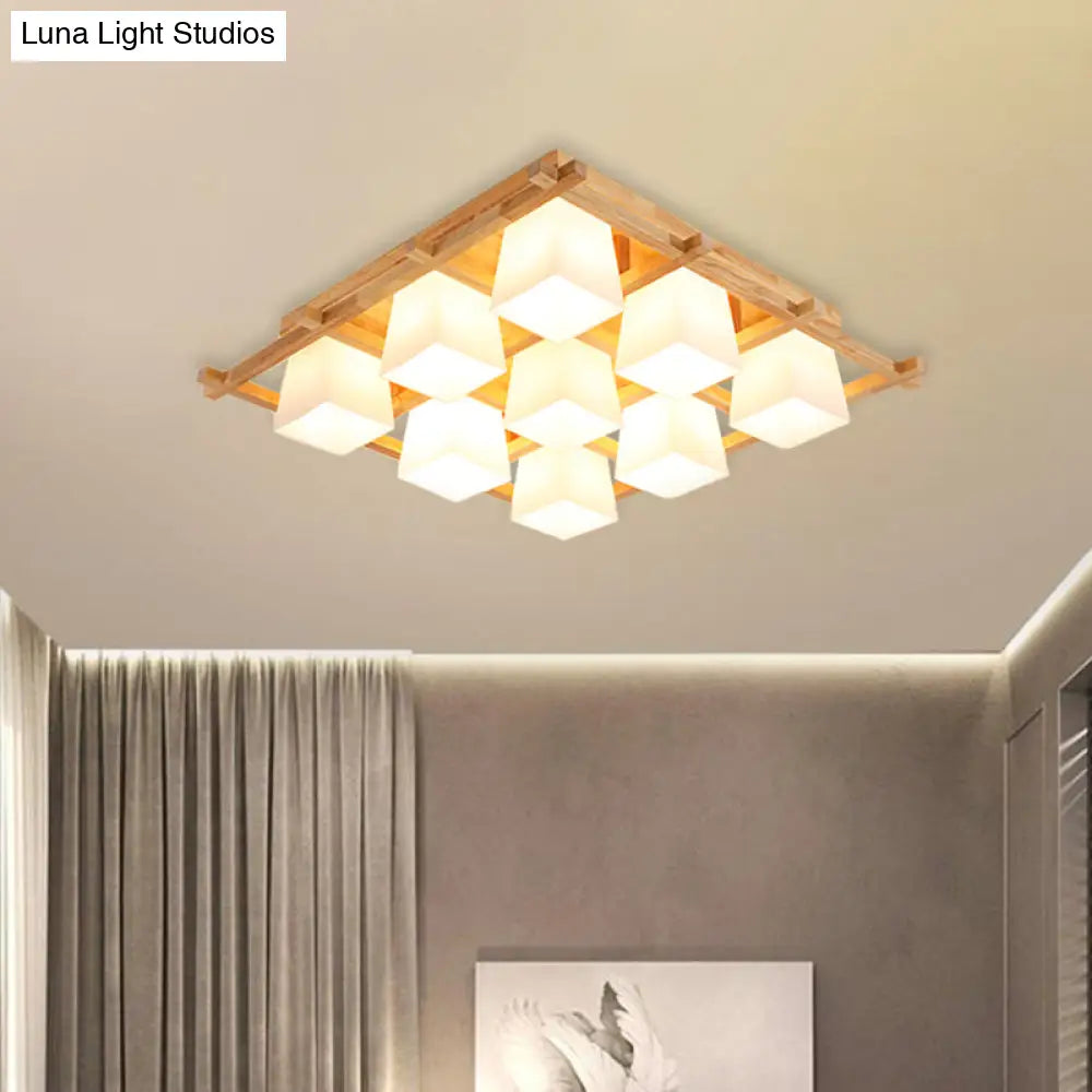 Japanese Style Wooden Checkerboard Flush Mount Ceiling Light In Beige For Study Room