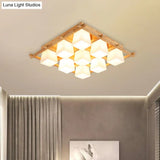 Japanese Style Wooden Checkerboard Flush Mount Ceiling Light In Beige For Study Room