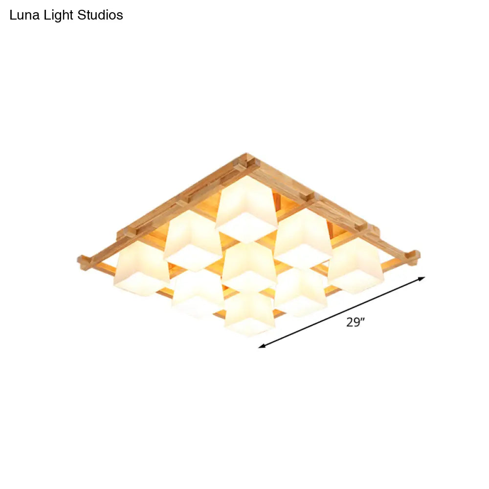 Japanese Style Wooden Checkerboard Flush Mount Ceiling Light In Beige For Study Room
