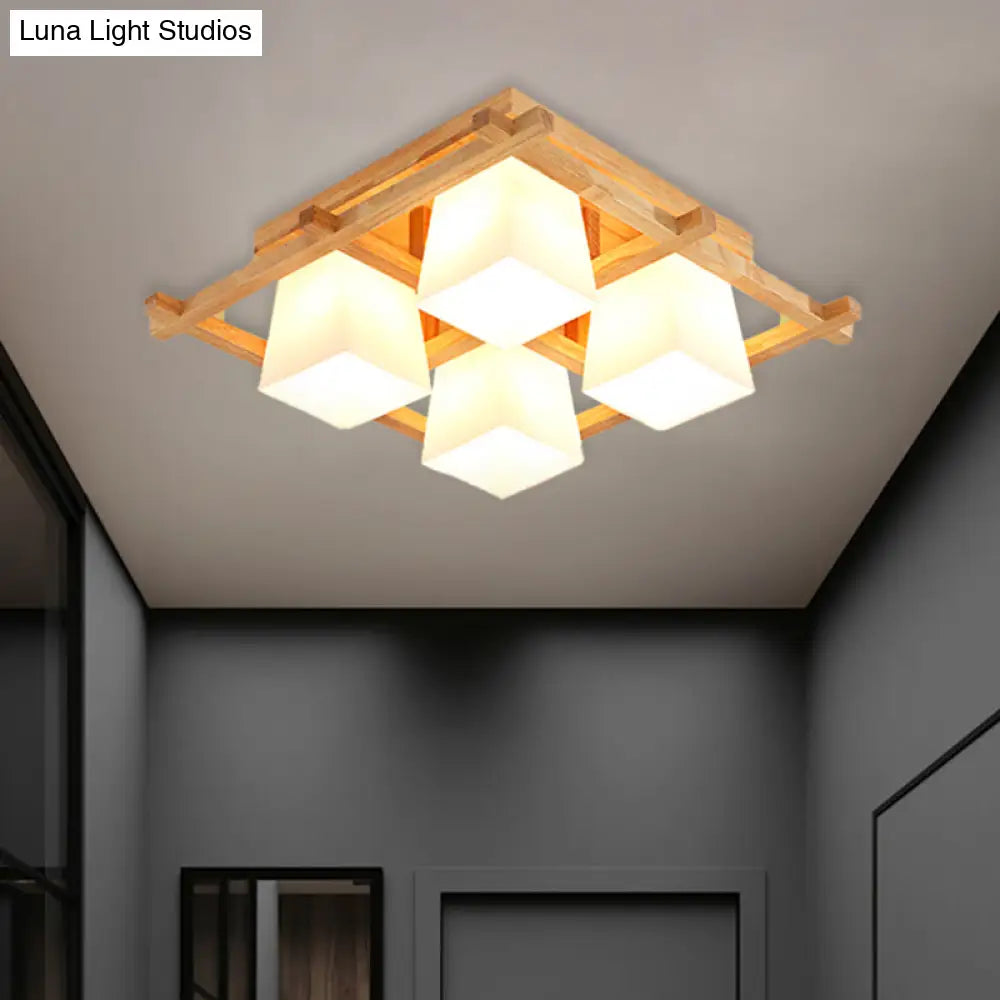 Japanese Style Wooden Checkerboard Flush Mount Ceiling Light In Beige For Study Room