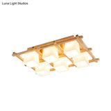 Japanese Style Wooden Checkerboard Flush Mount Ceiling Light In Beige For Study Room