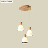 Japanese Wood Bell 3-Head Pendant Lamp With White Glass Suspension - Perfect For Over Table Lighting