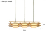 Japanese Wood Ceiling Pendant With Blown Glass: Cube Restaurant Island Light Fixture - 3 Bulbs