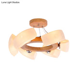 Japanese Wood Curved Chandelier Pendant Light - 6 Lights White Glass Ring Ceiling Lamp