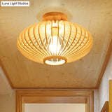 Japanese Wood Laser Cut Semi Flush Mount Ceiling Light In Beige