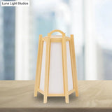 Japanese Wood Night Lamp: Tower Shape Bedside Table Light Beige Tone Fabric Shade