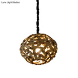 Japanese Wood Pendant Lamp - Single Head Sphere Brown Hanging Light For Bedroom
