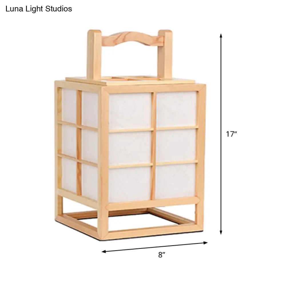 Japanese Wood Rectangular Desk Lamp - Small Beige Task Lighting With Handle