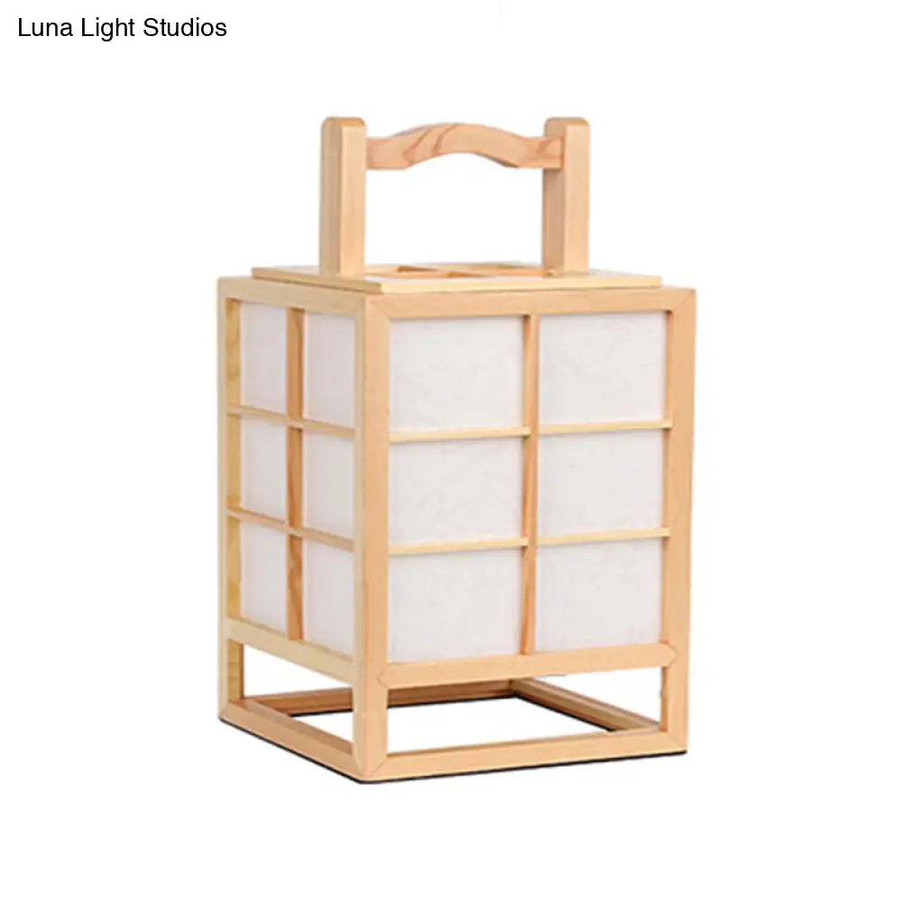 Japanese Wood Rectangular Desk Lamp - Small Beige Task Lighting With Handle