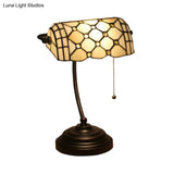Jeweled Beige Glass Pull Chain Tiffany Style Table Lamp In Blue/Gold With Curved Arm