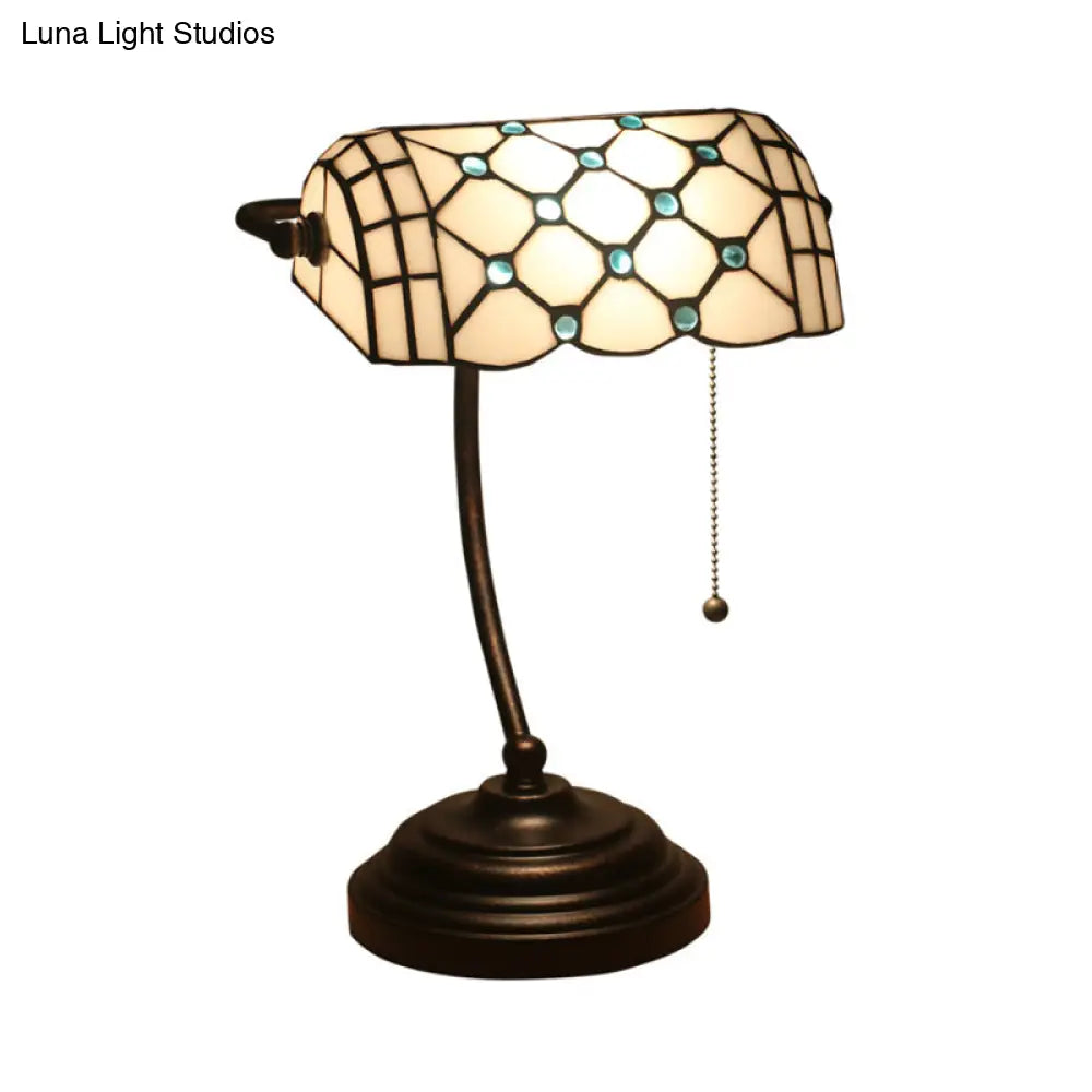 Jeweled Beige Glass Pull Chain Tiffany Style Table Lamp In Blue/Gold With Curved Arm