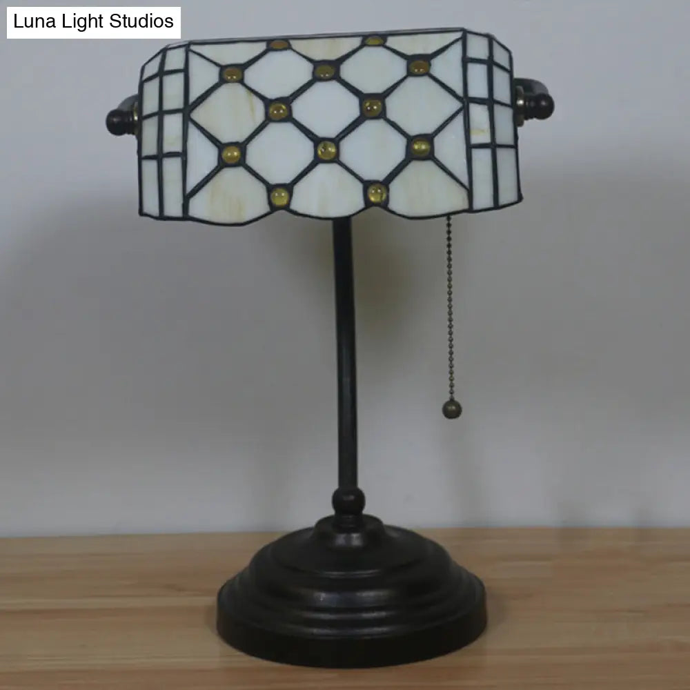 Jeweled Beige Glass Pull Chain Tiffany Style Table Lamp In Blue/Gold With Curved Arm