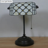 Jeweled Beige Glass Pull Chain Tiffany Style Table Lamp In Blue/Gold With Curved Arm