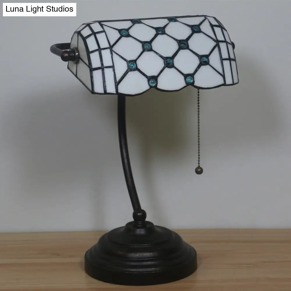 Jeweled Beige Glass Pull Chain Tiffany Style Table Lamp In Blue/Gold With Curved Arm