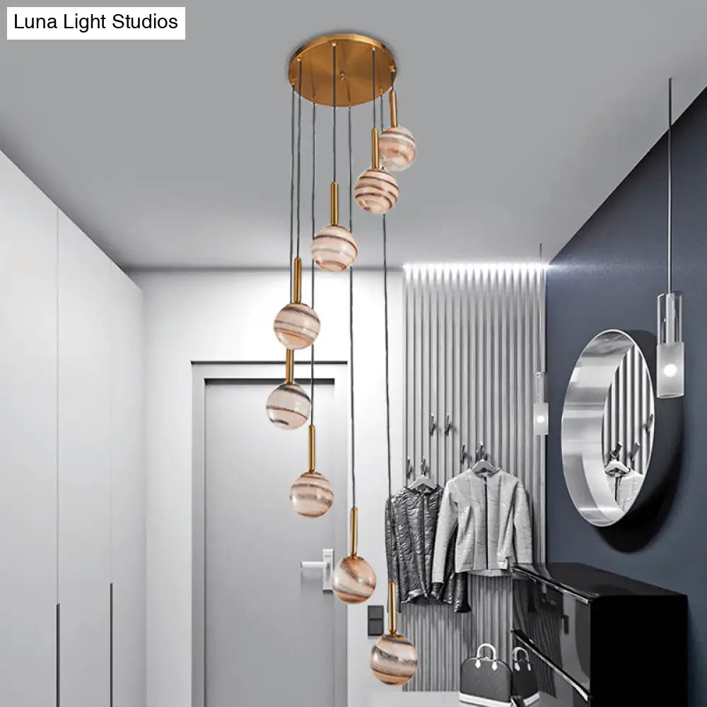 Jupiter Glass Cluster Pendant With Modern Spiral Design - 8 Light Brown Hanging Ceiling Lamp