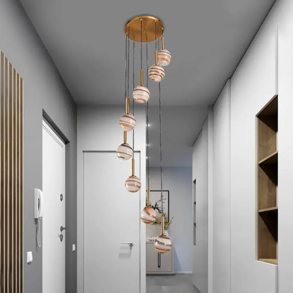 Jupiter Glass Cluster Pendant With Modern Spiral Design - 8 Light Brown Hanging Ceiling Lamp