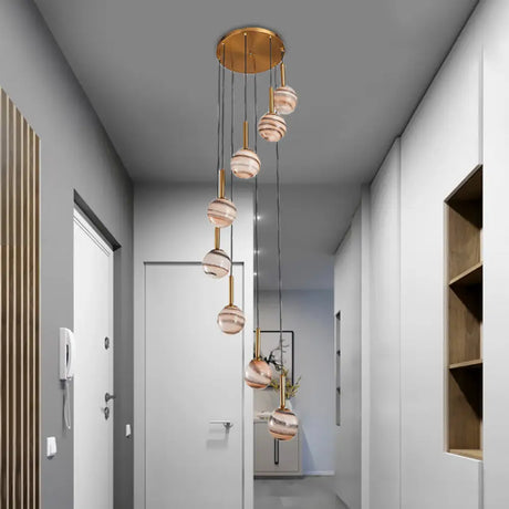 Jupiter Glass Cluster Pendant With Modern Spiral Design - 8 Light Brown Hanging Ceiling Lamp