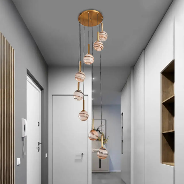 Jupiter Glass Cluster Pendant With Modern Spiral Design - 8 Light Brown Hanging Ceiling Lamp