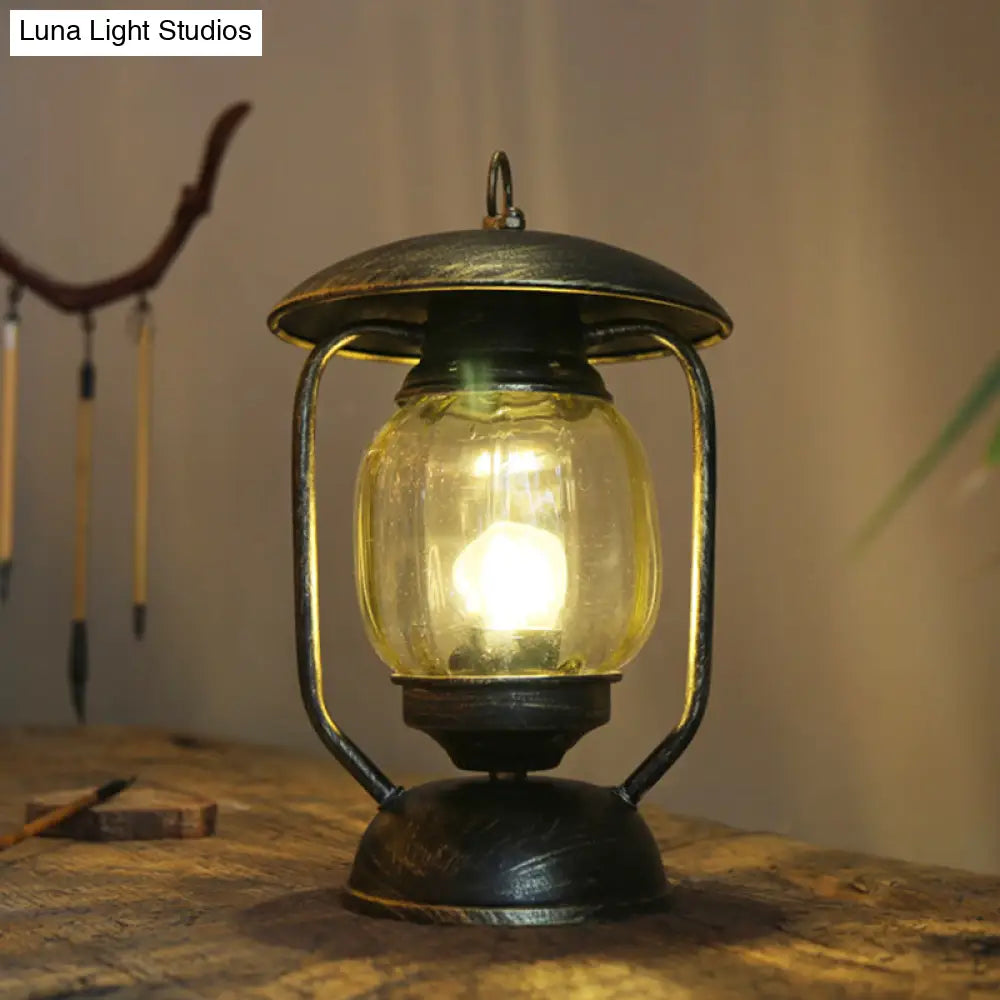 Kerosene Table Lamp - Factory Brass/Copper Finish With Tan Glass Perfect For Study Room