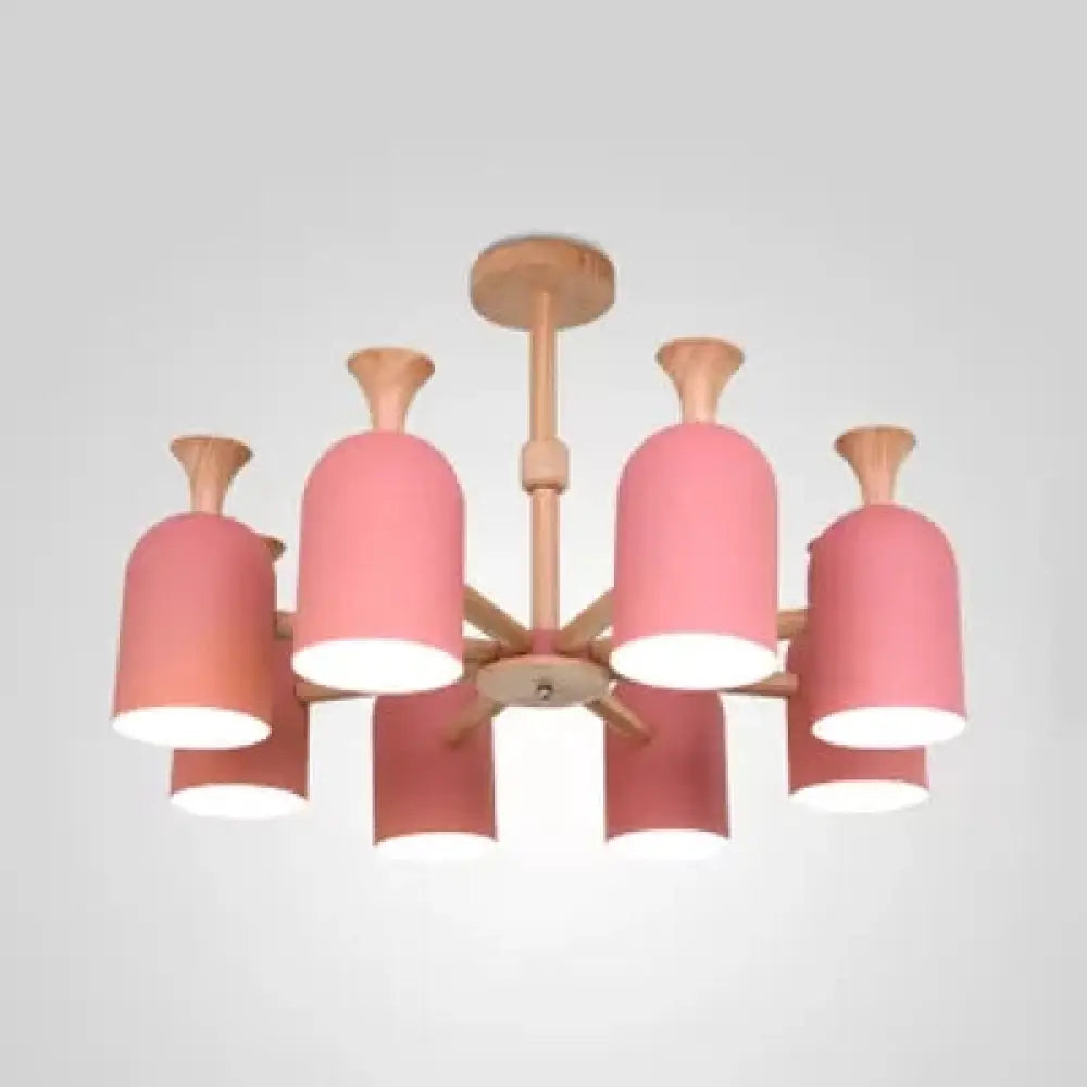Kid Bedroom Candy Colored Goblet Chandelier - Macaron Loft Wood Hanging Light 8 / Pink