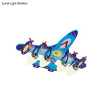 Kid Blue Plane Flush Mount Lamp With Opal Glass Shade - 4 - Bulb Bedroom Ceiling Fixture