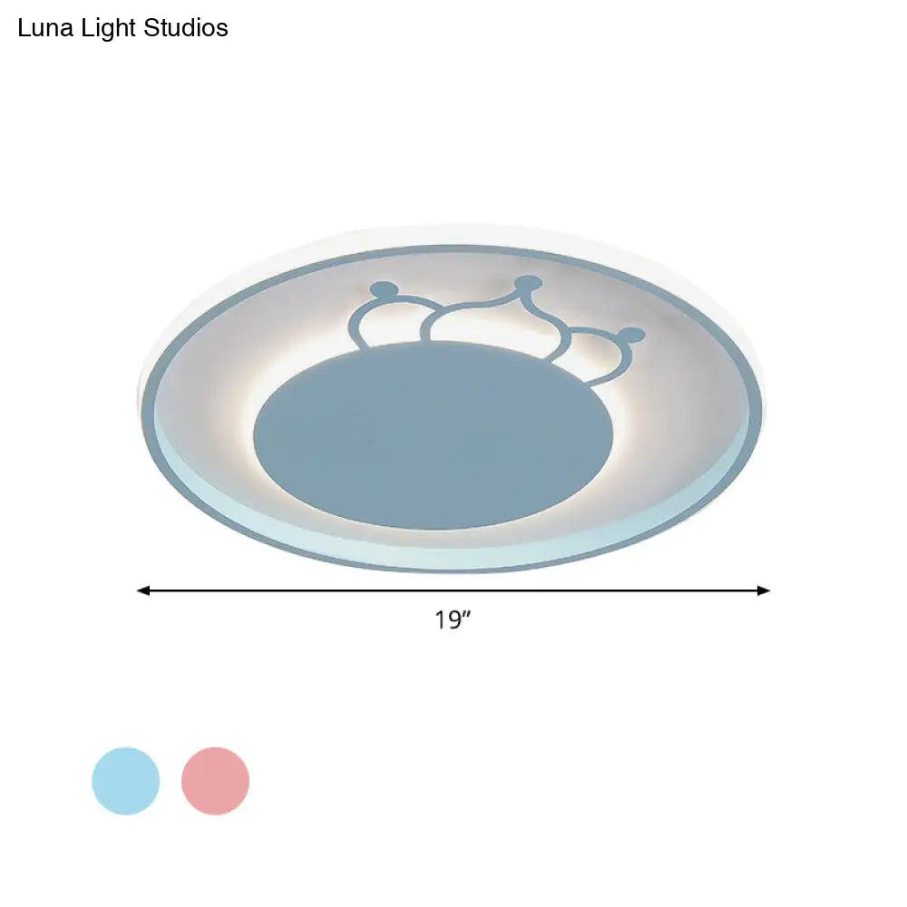 Kid Crown Led Flushmount Light In Pink/Blue - Ultra - Thin Bedroom Ceiling Fixture