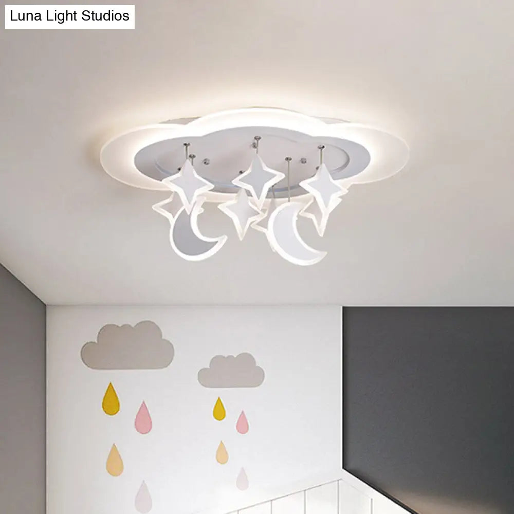 Kid-Friendly Acrylic Cloudy Led Flush Ceiling Light With Dangling Moon And Star - Warm/White Glow
