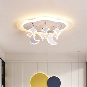 Kid-Friendly Acrylic Cloudy Led Flush Ceiling Light With Dangling Moon And Star - Warm/White Glow