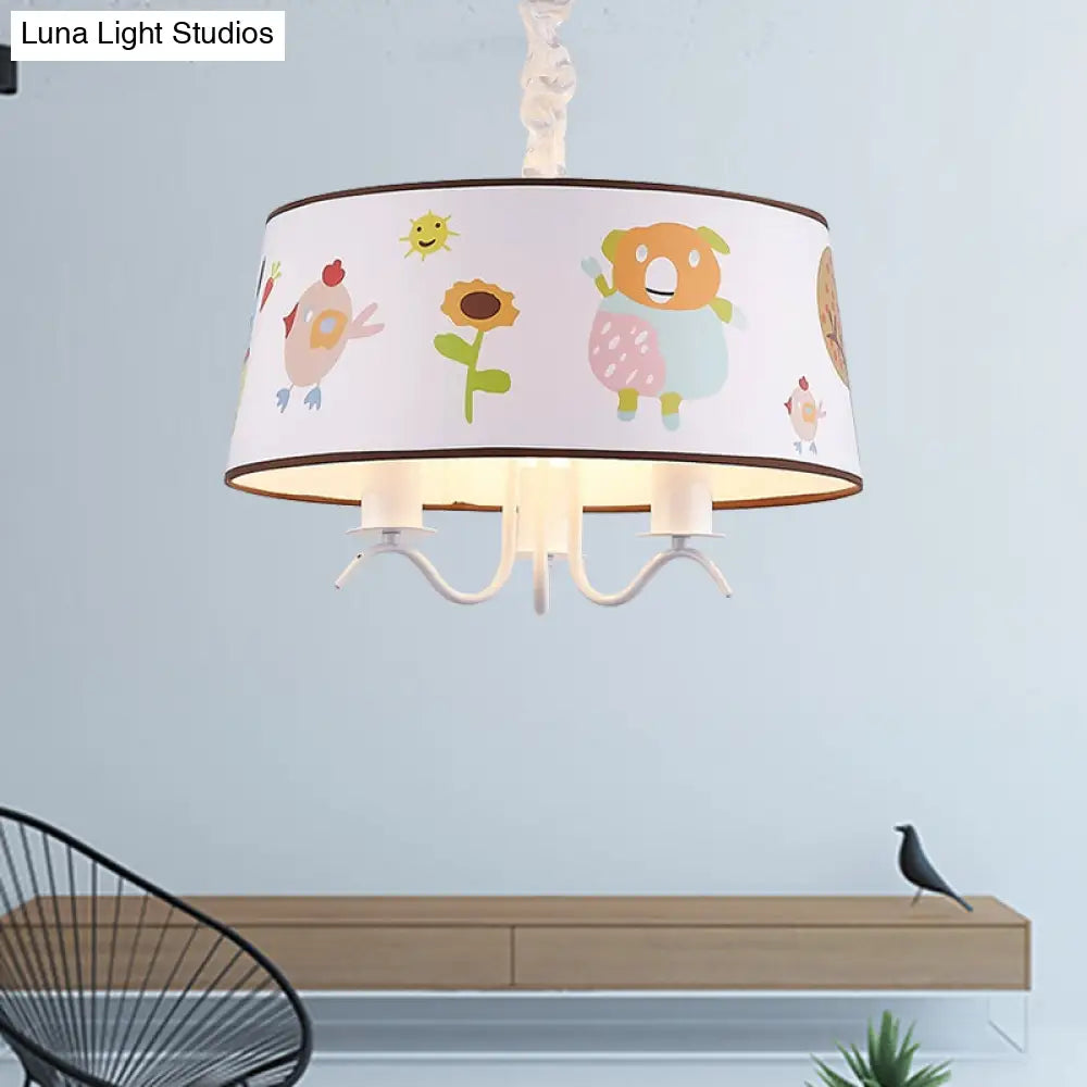 Kid-Friendly White Fabric Drum Chandelier With Cute Animal Pendant Light