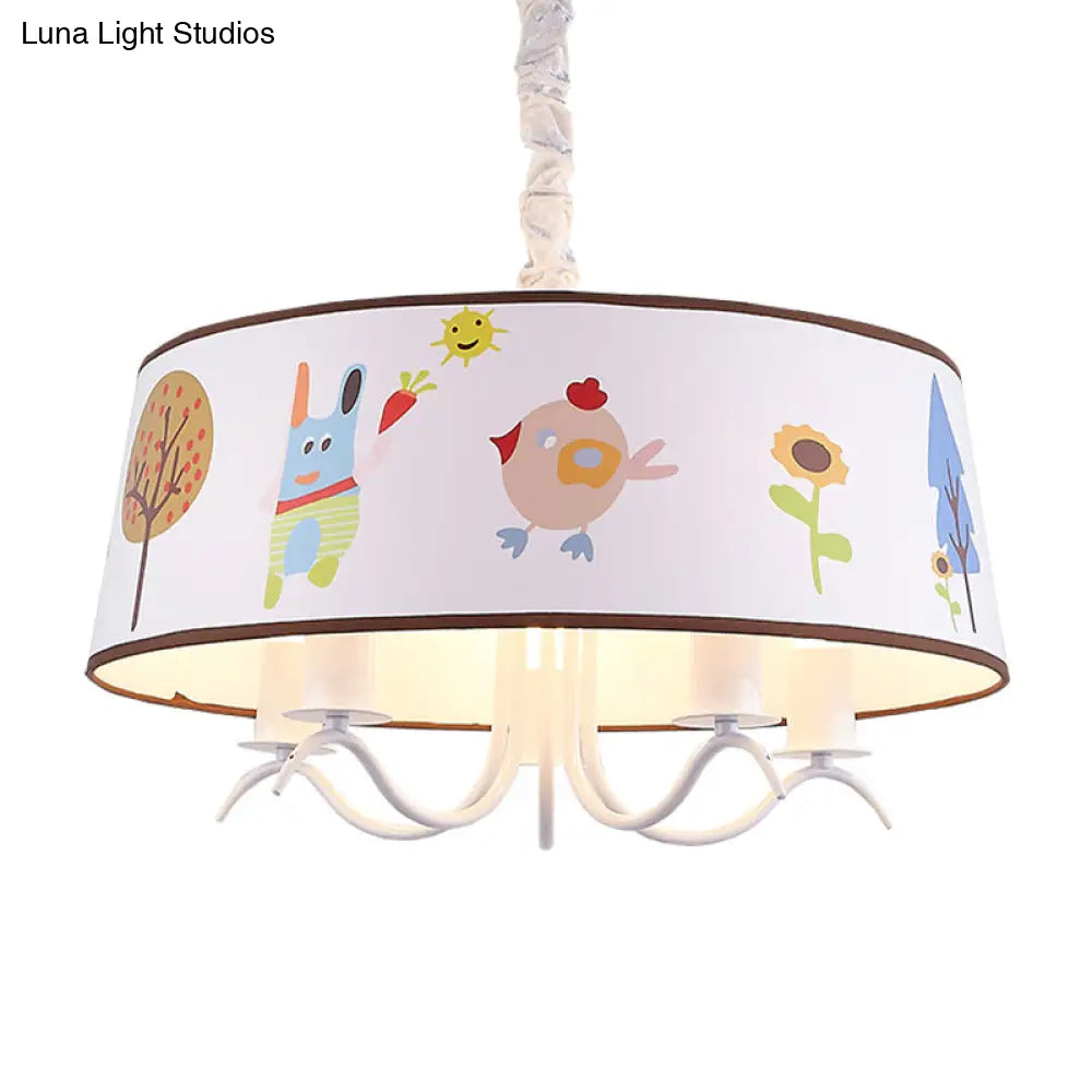 Kid-Friendly White Fabric Drum Chandelier With Cute Animal Pendant Light