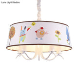 Kid-Friendly White Fabric Drum Chandelier With Cute Animal Pendant Light