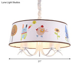 Kid-Friendly White Fabric Drum Chandelier With Cute Animal Pendant Light