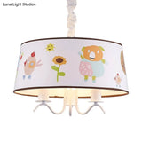 Kid-Friendly White Fabric Drum Chandelier With Cute Animal Pendant Light