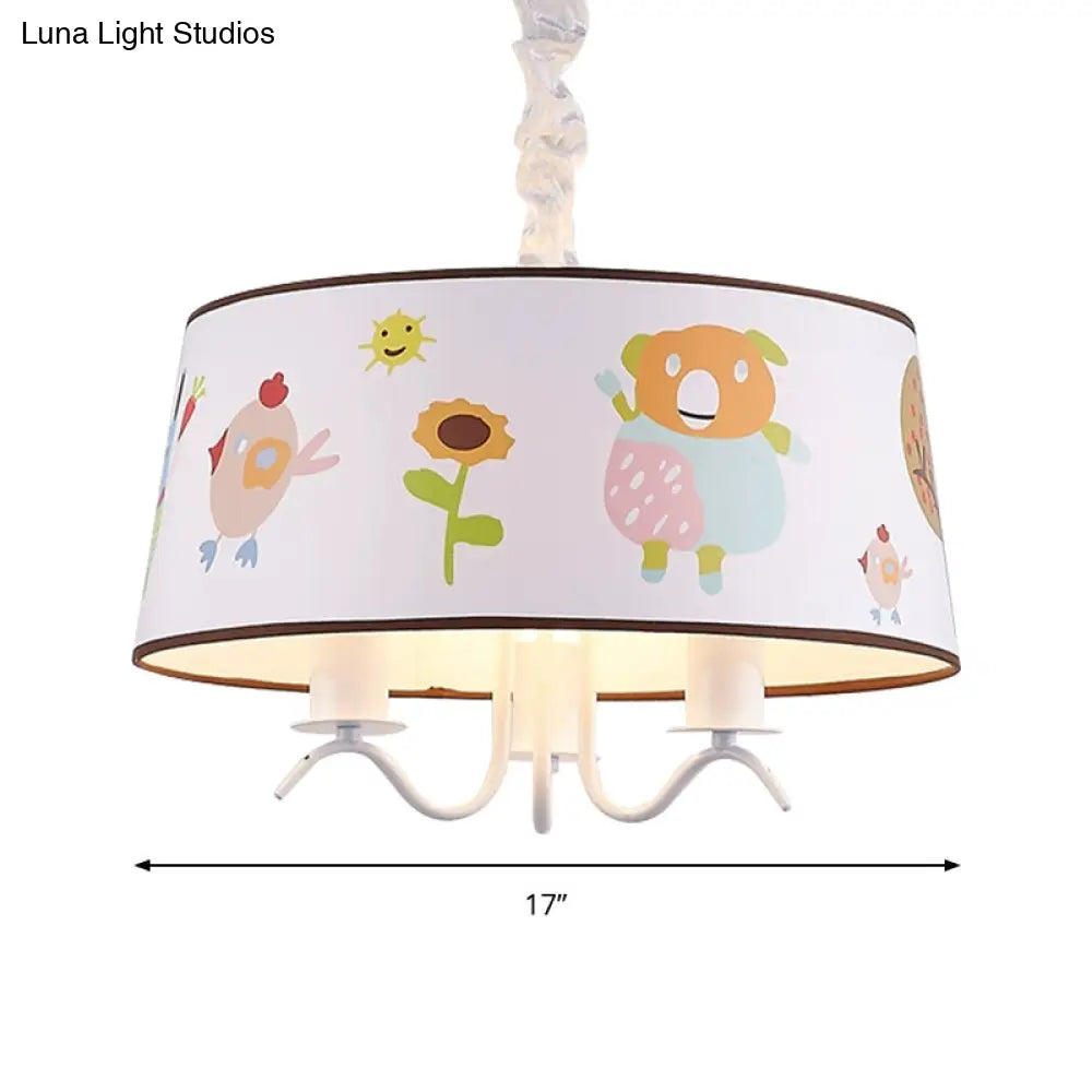 Kid-Friendly White Fabric Drum Chandelier With Cute Animal Pendant Light