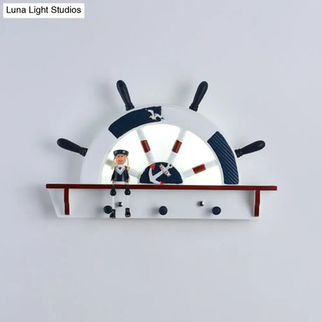 Kiddie Cartoon Blue Led Wall Lamp - Round Shade Plastic Light Fixture For Kindergarten