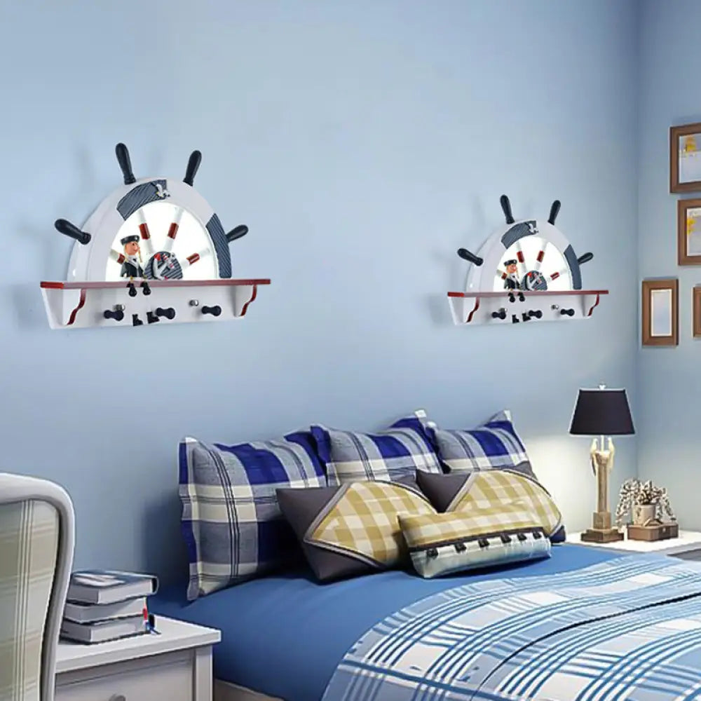 Kiddie Cartoon Blue Led Wall Lamp - Round Shade Plastic Light Fixture For Kindergarten / E
