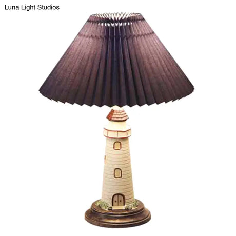 Kids 1-Light Pvc Pleated Shade Table Lamp With Lighthouse Pedestal - Nightstand Ambience!