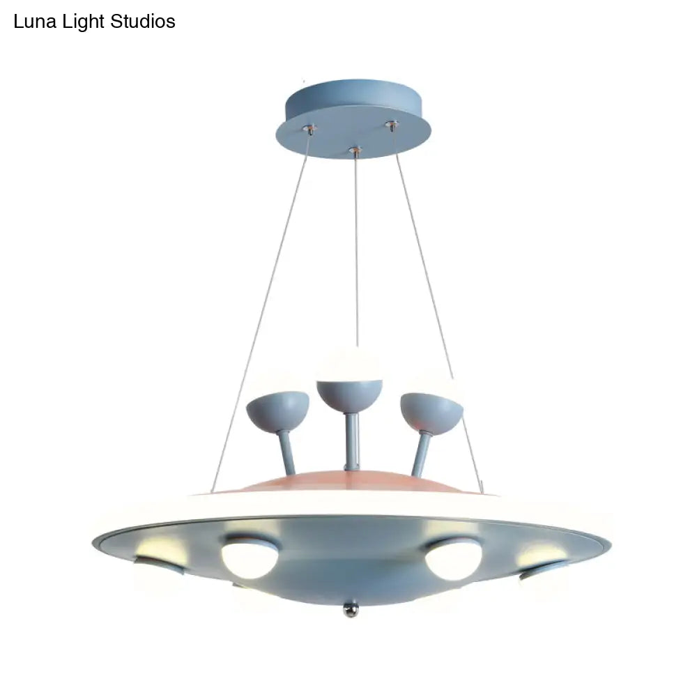 Kids Bedroom Ceiling Chandelier - Cartoon Ufo Metal Led Pendant Light In Pink/Blue