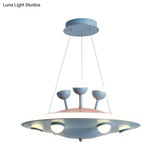 Kids Bedroom Ceiling Chandelier - Cartoon Ufo Metal Led Pendant Light In Pink/Blue