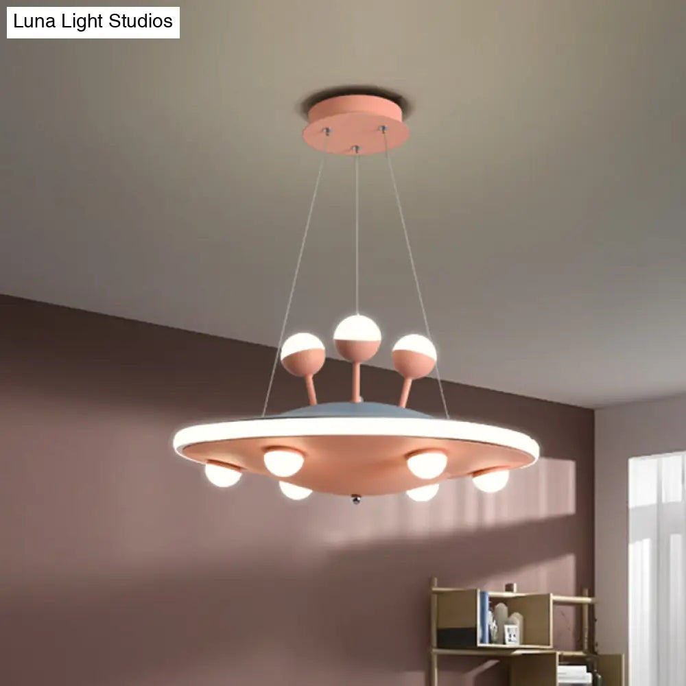 Kids Bedroom Ceiling Chandelier - Cartoon Ufo Metal Led Pendant Light In Pink/Blue