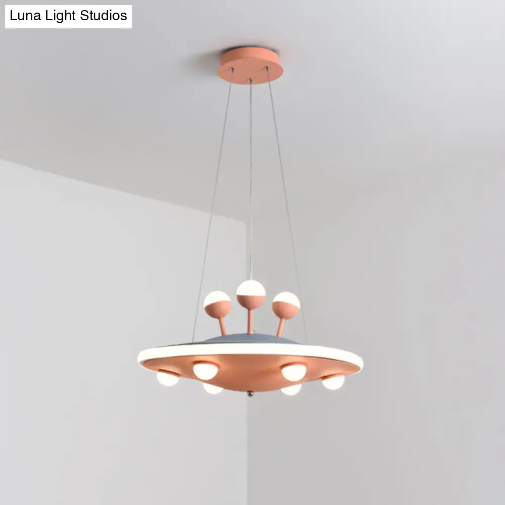 Kids Bedroom Ceiling Chandelier - Cartoon Ufo Metal Led Pendant Light In Pink/Blue