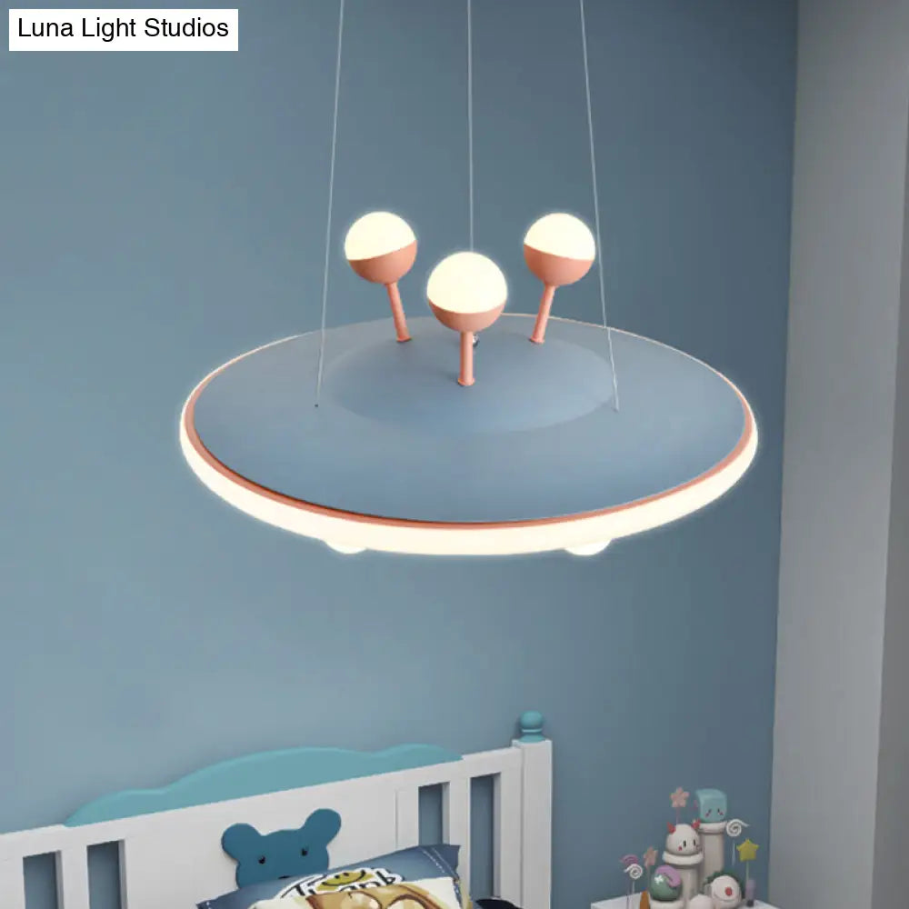 Kids Bedroom Ceiling Chandelier - Cartoon Ufo Metal Led Pendant Light In Pink/Blue