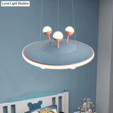 Kids Bedroom Ceiling Chandelier - Cartoon Ufo Metal Led Pendant Light In Pink/Blue