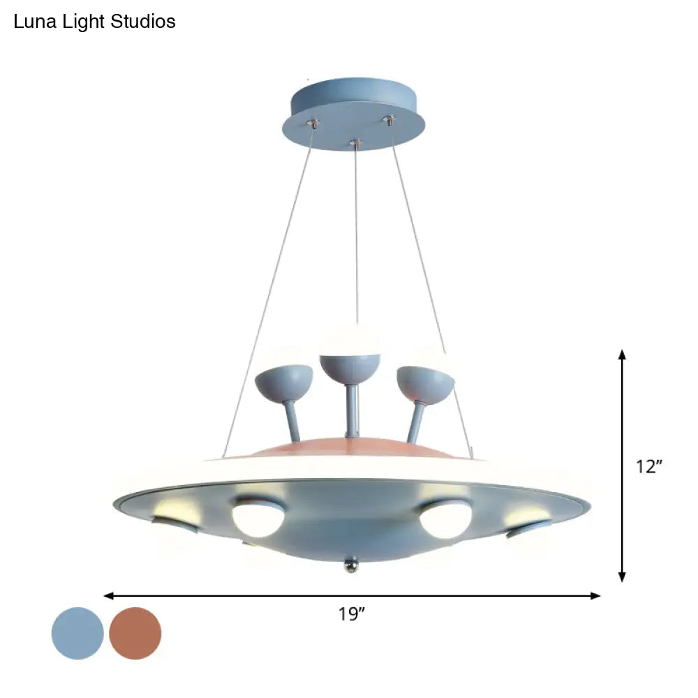 Kids Bedroom Ceiling Chandelier - Cartoon Ufo Metal Led Pendant Light In Pink/Blue