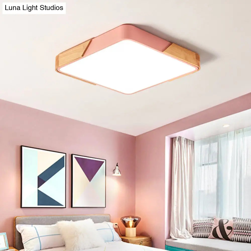 Kids Bedroom Ceiling Light - Nordic Green Square Flush Mount With Wood And Acrylic Shade