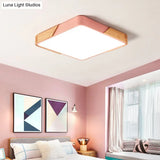 Kids Bedroom Ceiling Light - Nordic Green Square Flush Mount With Wood And Acrylic Shade