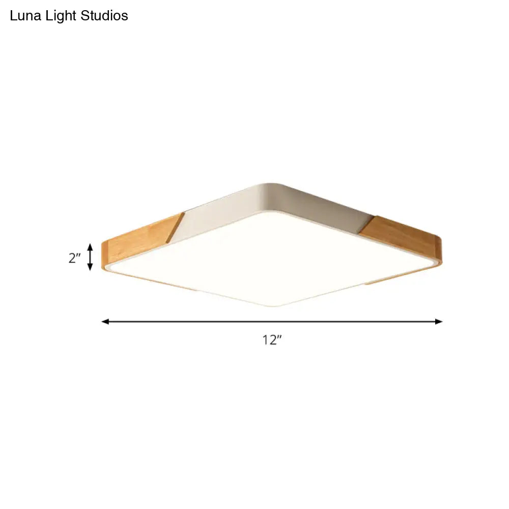 Kids Bedroom Ceiling Light - Nordic Green Square Flush Mount With Wood And Acrylic Shade